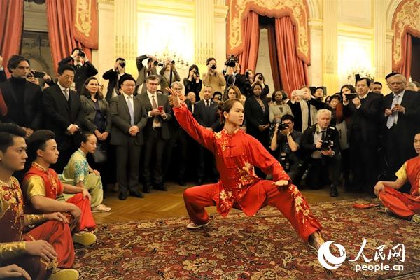 法国国民议会举办猪年春节招待会，图为武术表演。李永群摄 